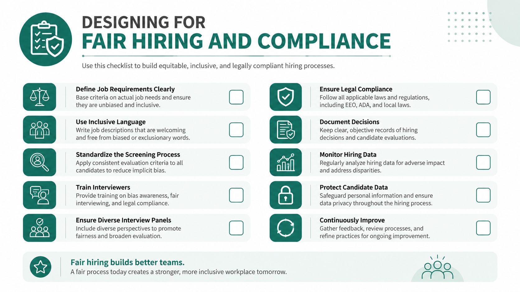An infographic checklist for fair hiring and compliance to build equitable and inclusive workplace recruitment processes.