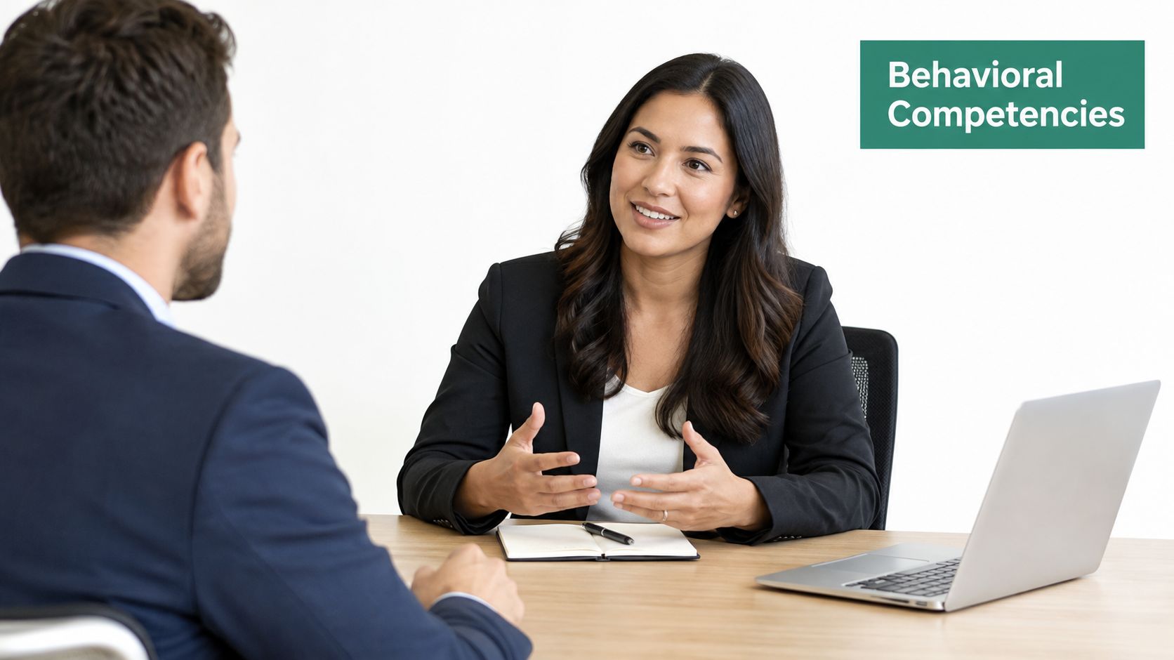 A professional woman interviewing a candidate in an office setting with a Behavioral Competencies sign.