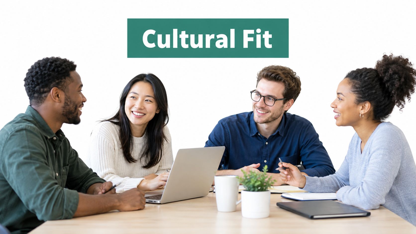 A diverse group of four professionals collaborating and smiling around a table during a meeting.