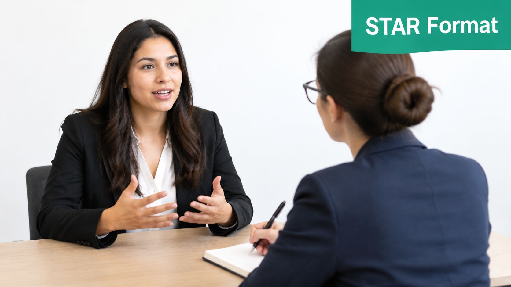 A professional job candidate talking to an interviewer during a screening meeting in a bright office.