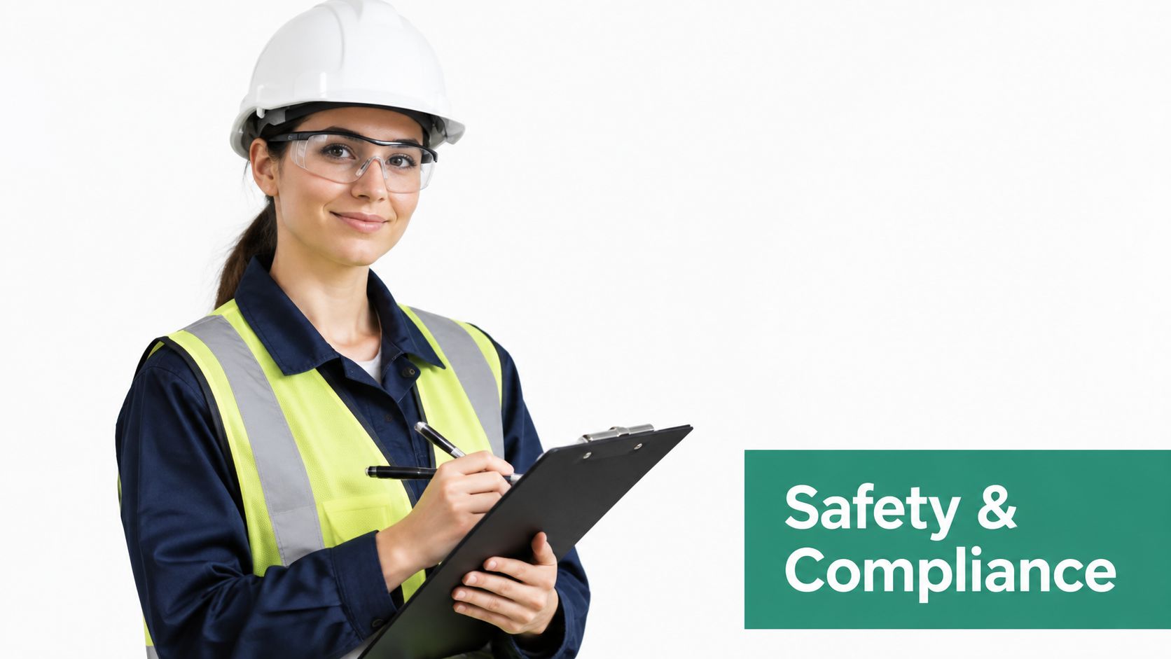 A female industrial professional wearing a hard hat and safety vest, holding a clipboard during an inspection.