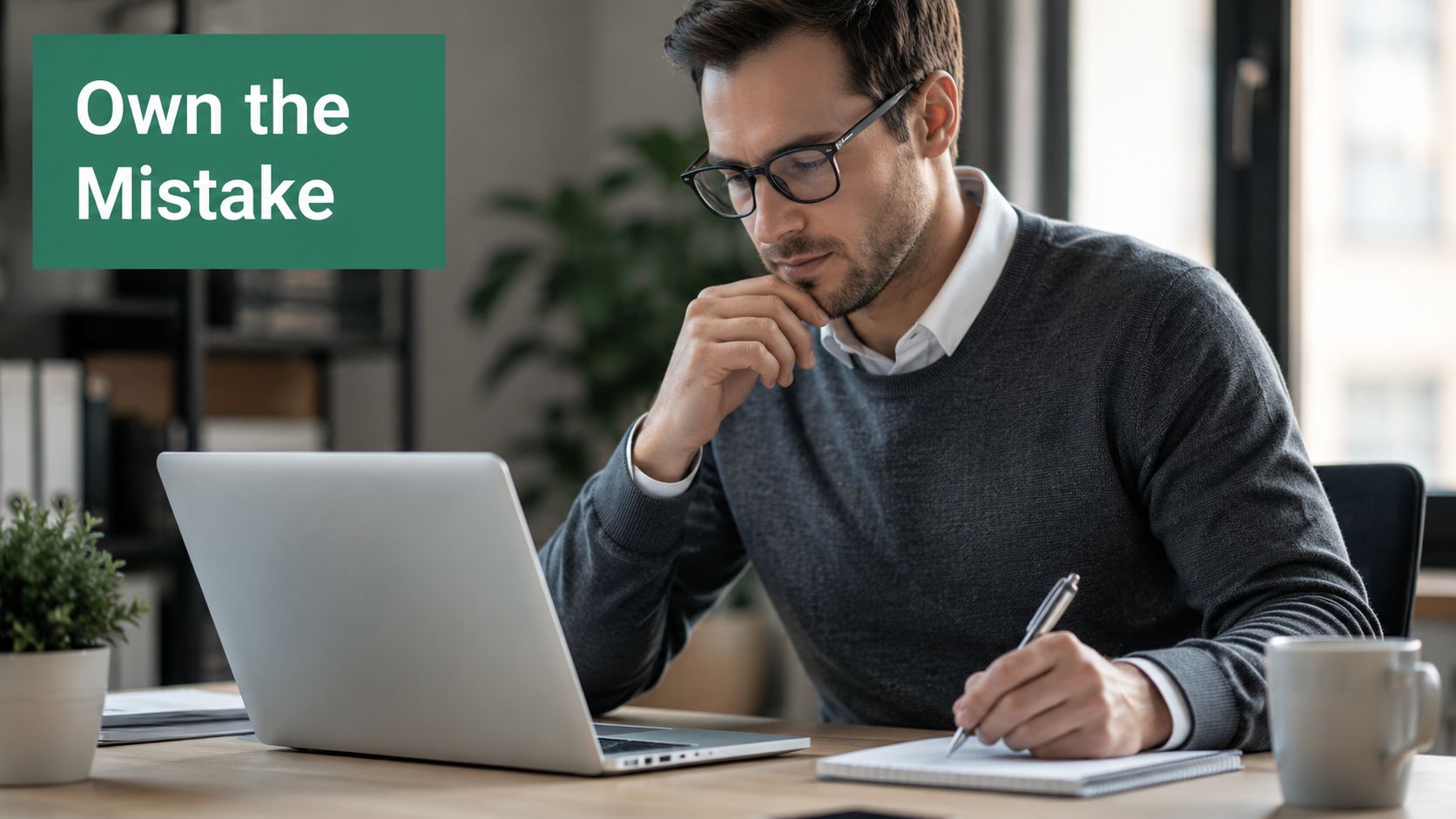 A professional man with glasses sitting at a desk and taking notes while looking at his laptop.