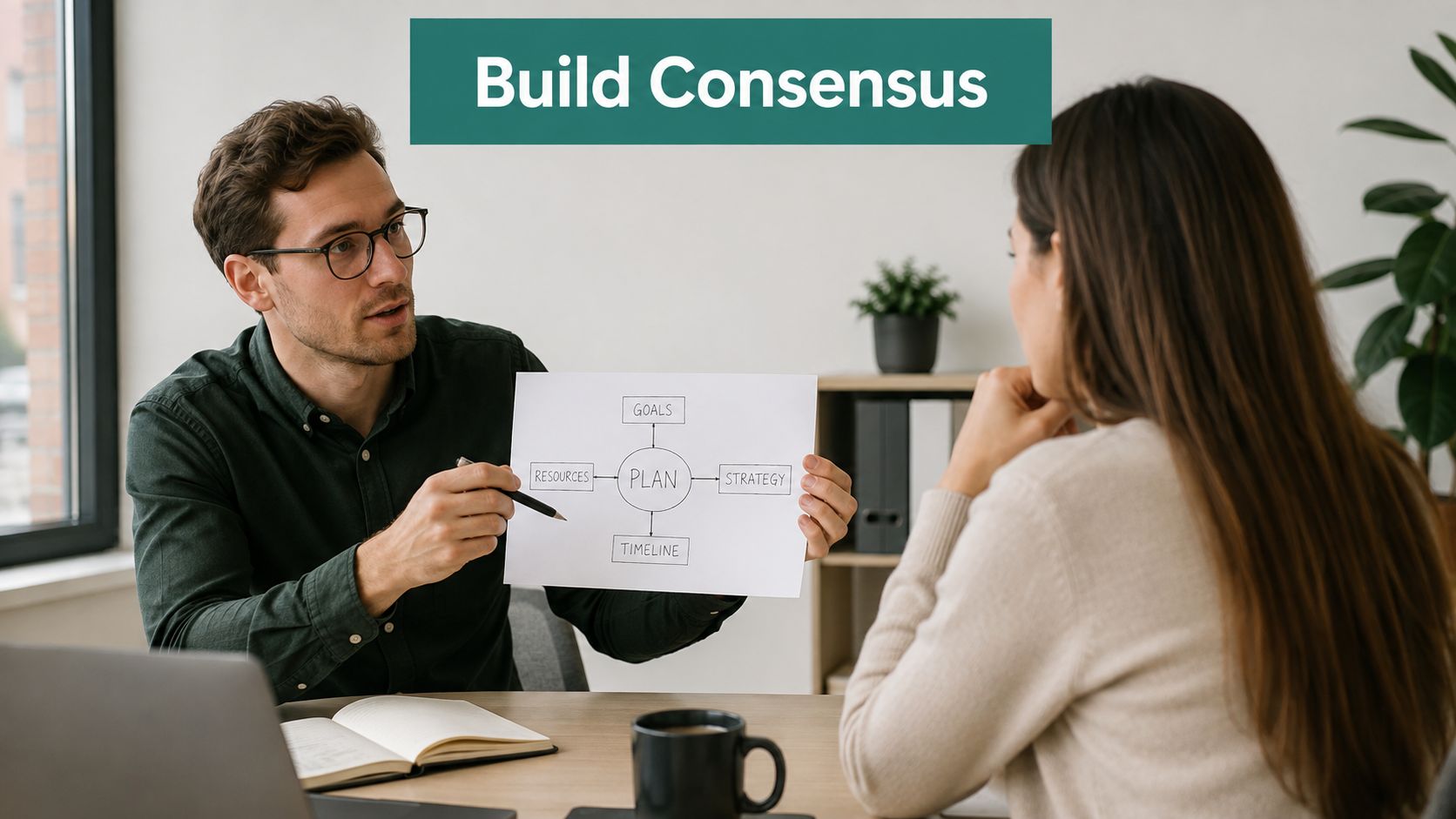 A professional man holding a whiteboard diagram while discussing business planning with a female colleague in office