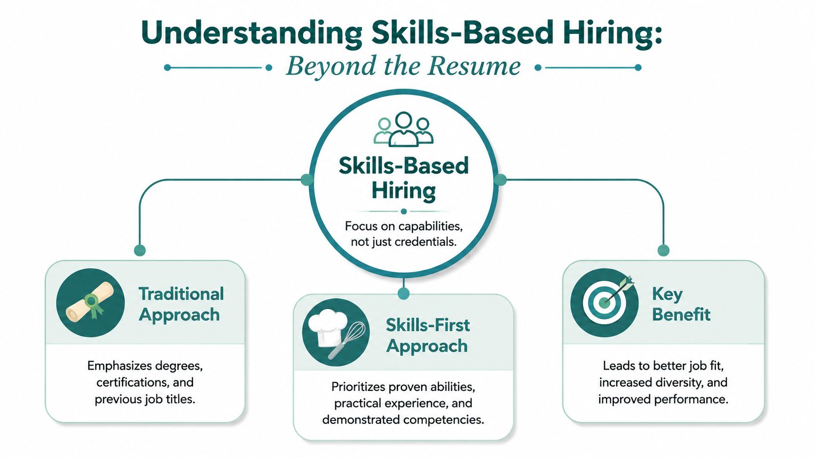An infographic titled Understanding Skills-Based Hiring, illustrating the difference between traditional credential-focused and skills-first hiring approaches.