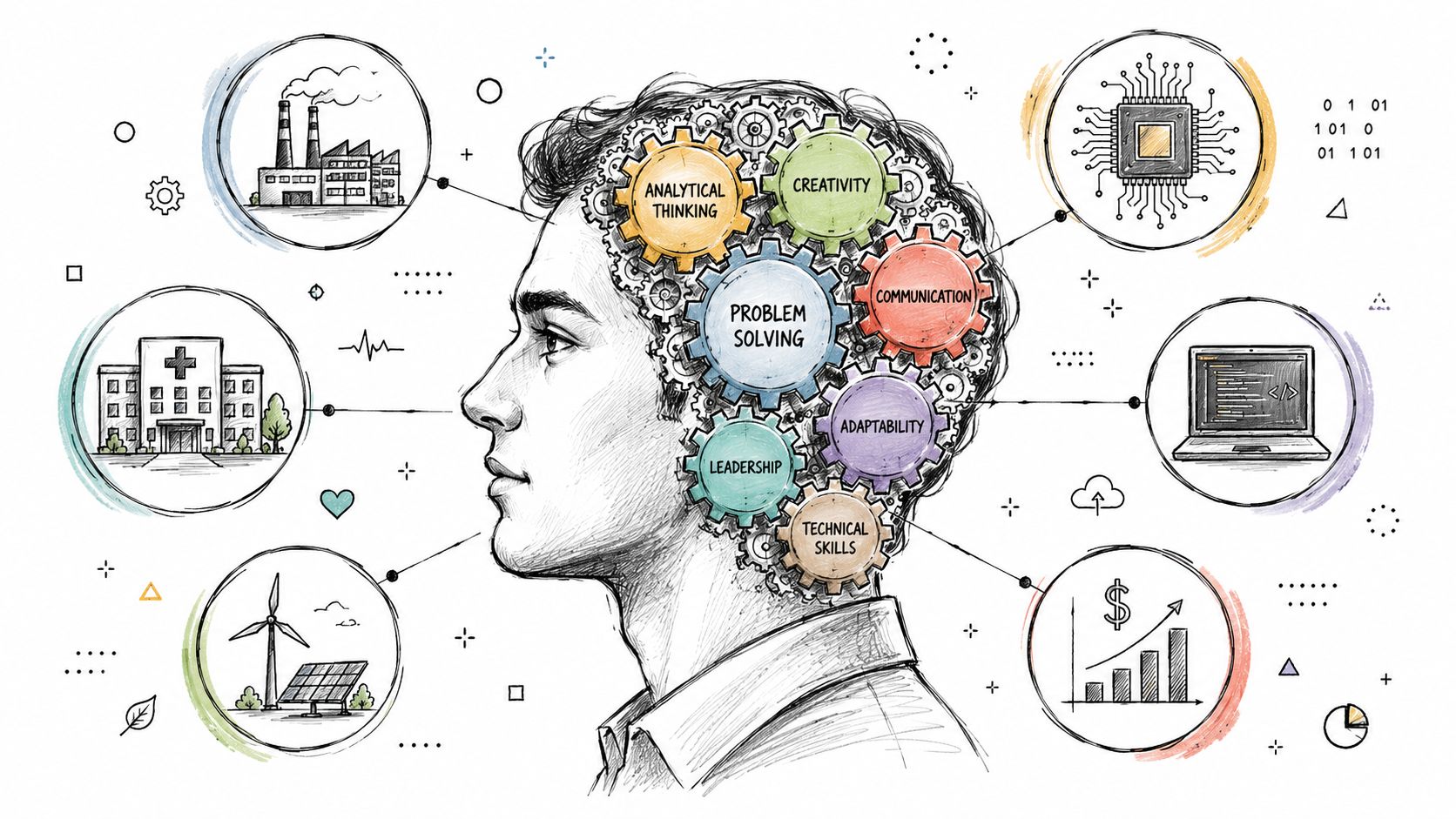 A profile illustration of a human head filled with interconnected gears representing professional skills and industries.