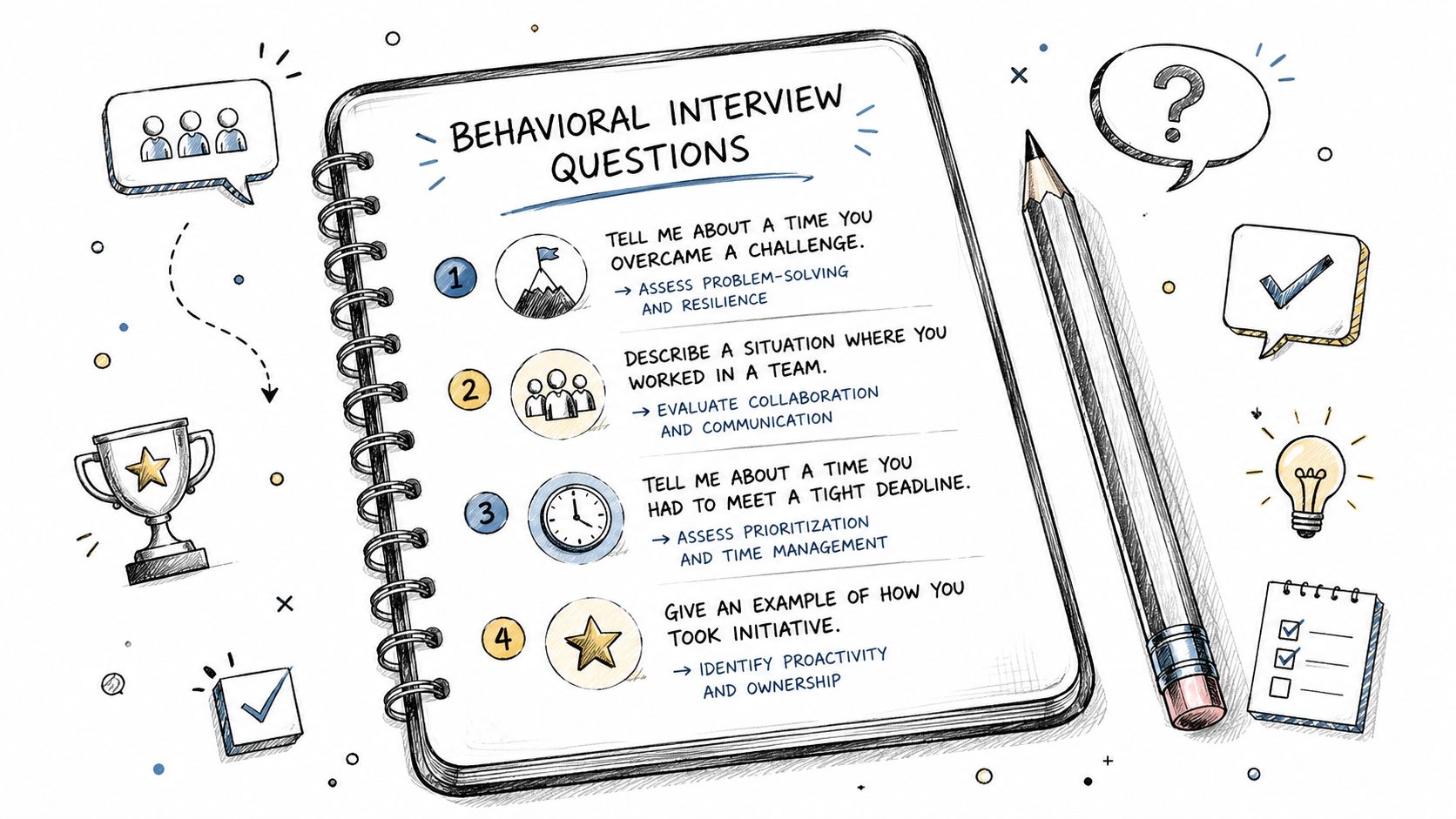 A notepad sketch listing common behavioral interview questions with corresponding evaluation goals for hiring managers.