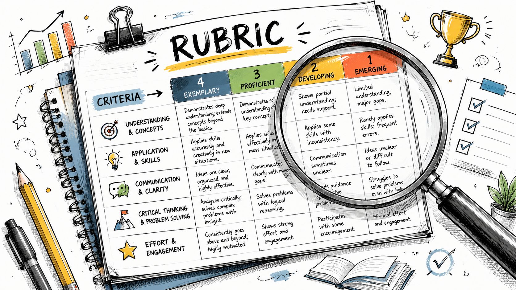 A detailed educational assessment rubric displayed on paper with a magnifying glass hovering over the columns.