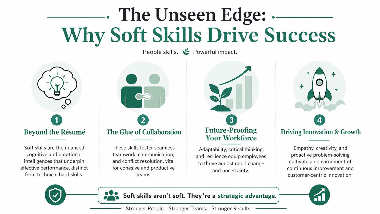 An infographic illustrating how soft skills like empathy and adaptability drive workplace success and innovation.