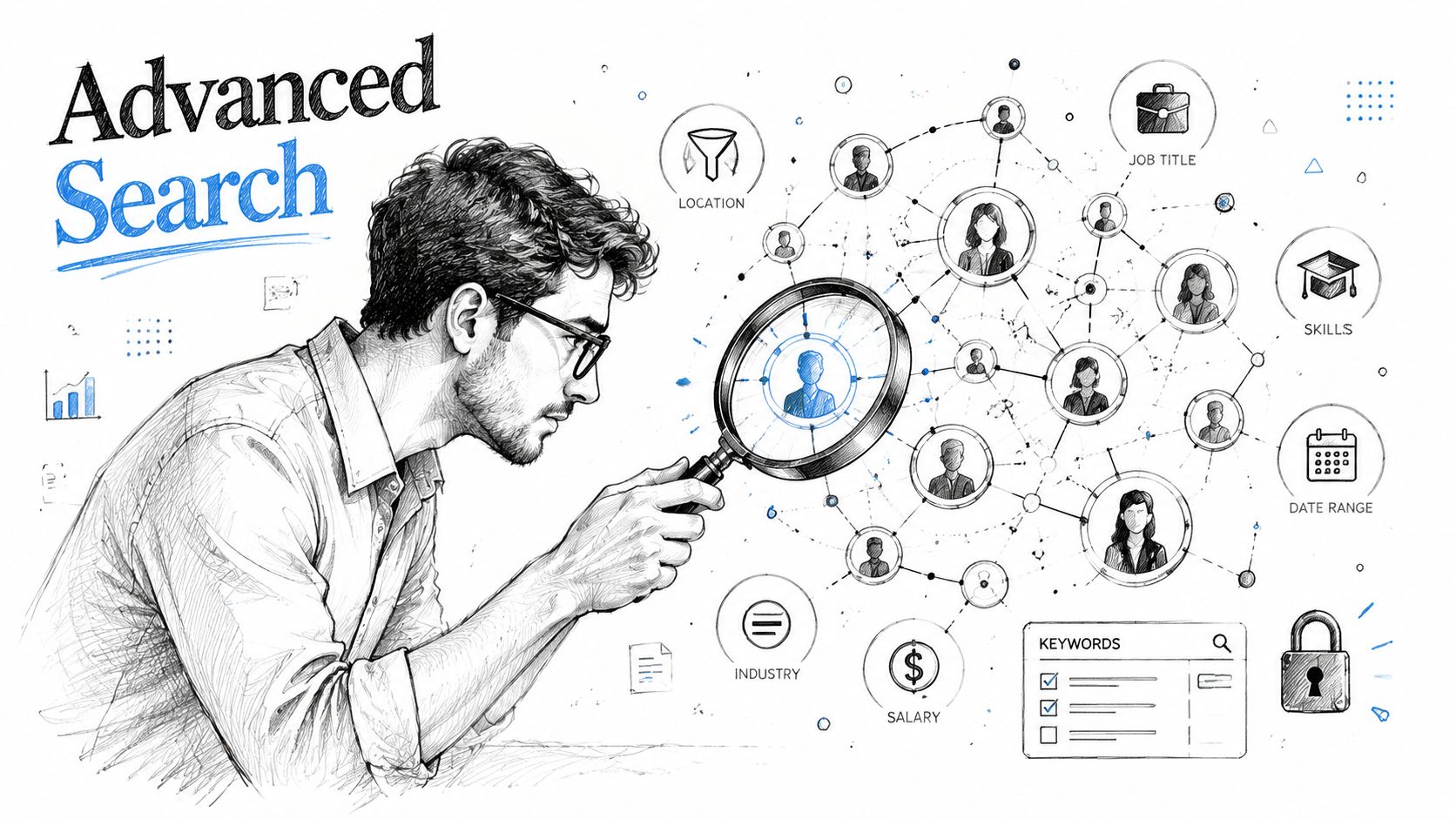 A professional man using a magnifying glass to search through a network of connected candidate profiles.