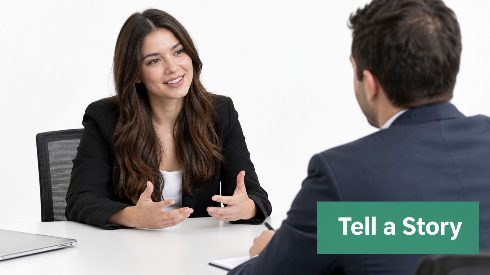 A professional woman during a structured job interview sitting across from a recruiter in an office setting.