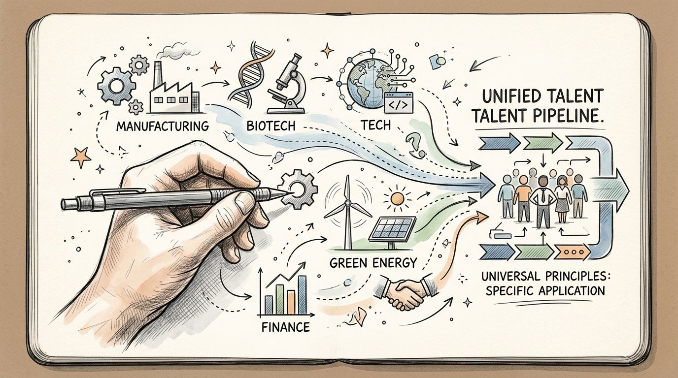 A hand-drawn sketch illustrating a unified talent pipeline feeding into various professional sectors like manufacturing and green energy.