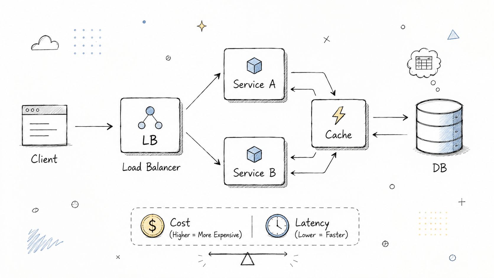 A diagram illustrating a system architecture with a client, load balancer, multiple services, cache, and database.