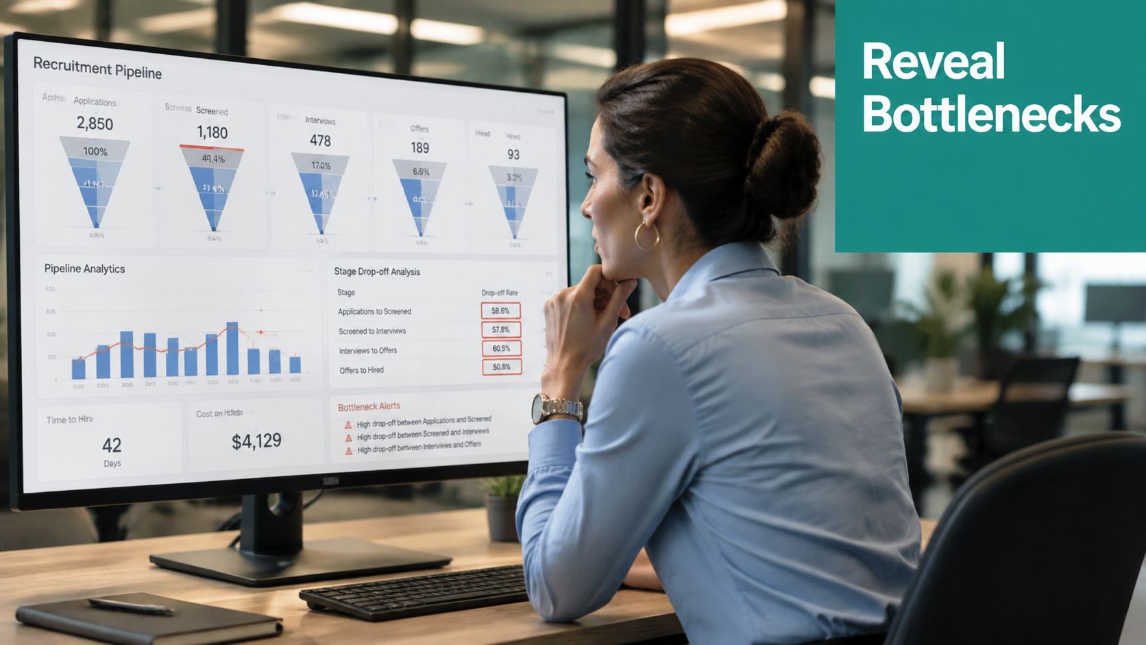 A professional woman viewing a detailed recruitment pipeline dashboard showing hiring metrics and bottleneck analysis on a computer.