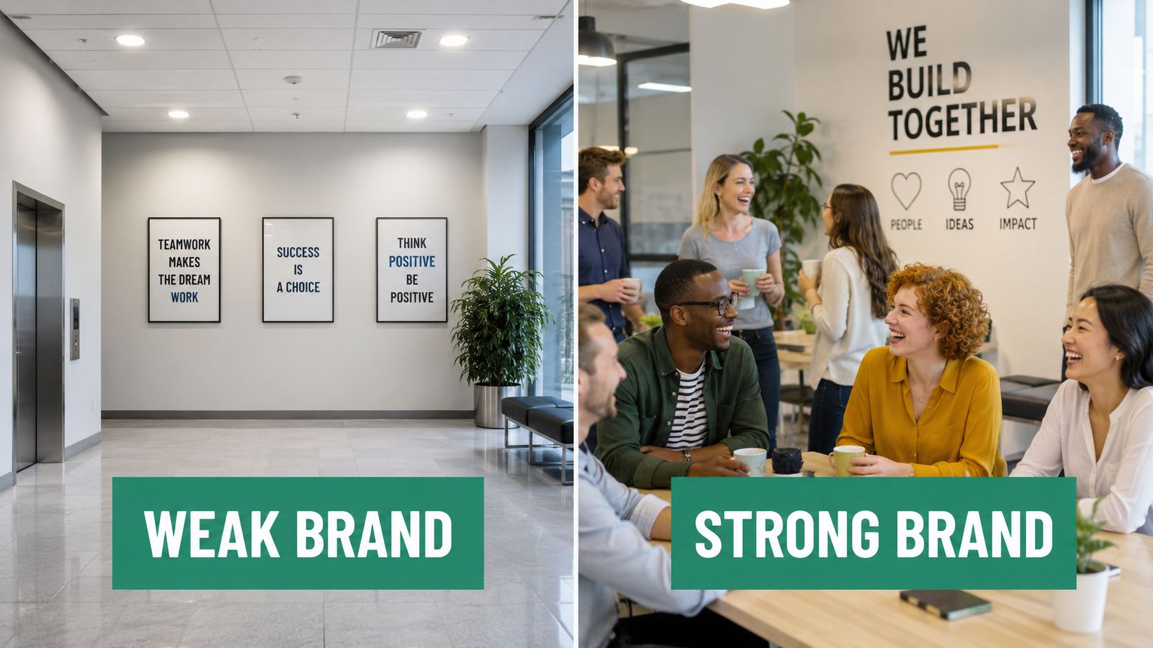 A split screen comparing a generic, empty office lobby with a vibrant team collaborating in a modern workspace.