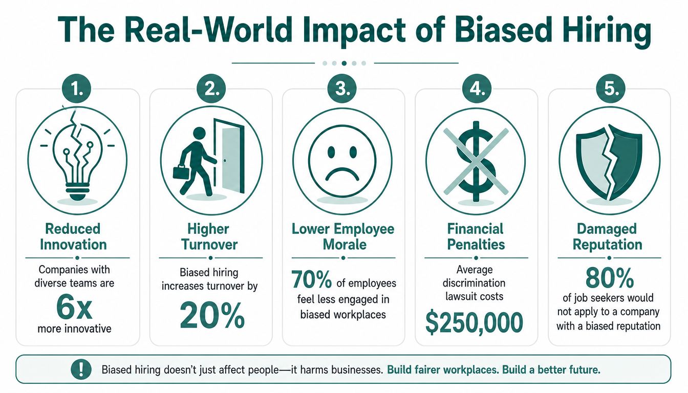 An infographic titled The Real-World Impact of Biased Hiring listing five negative consequences of workplace bias.