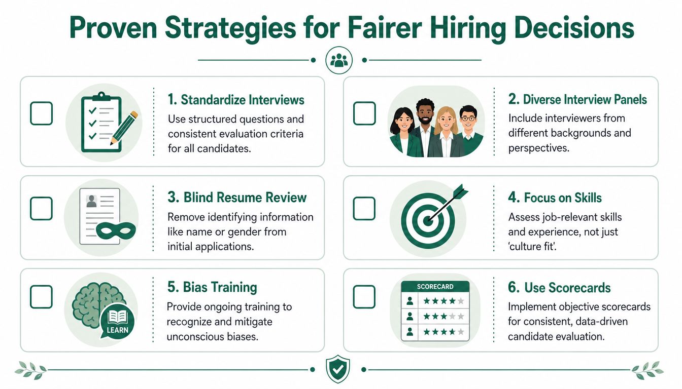 An infographic titled Proven Strategies for Fairer Hiring Decisions, outlining six steps to reduce workplace hiring bias.