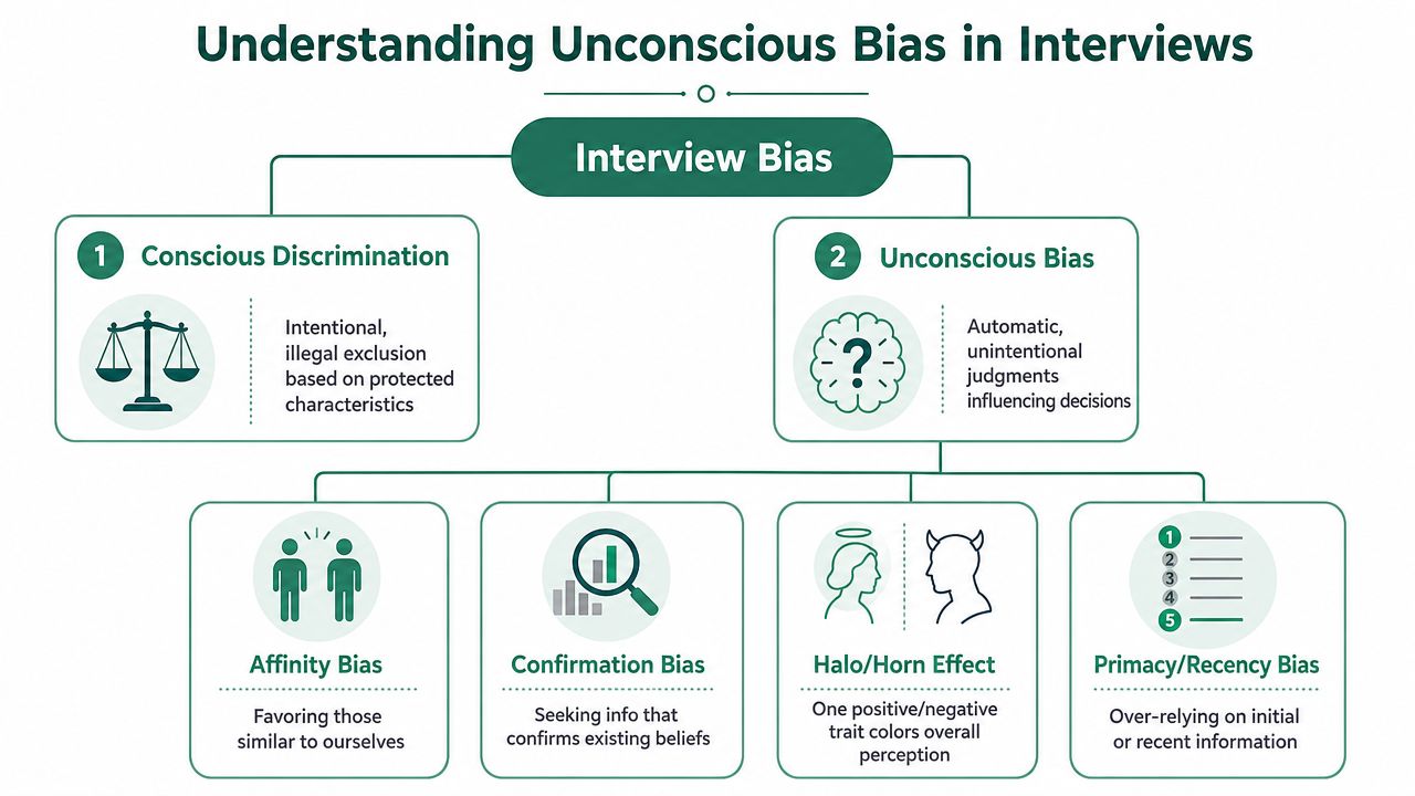 A flowchart diagram explaining conscious discrimination versus unconscious bias and its types in the interview process.