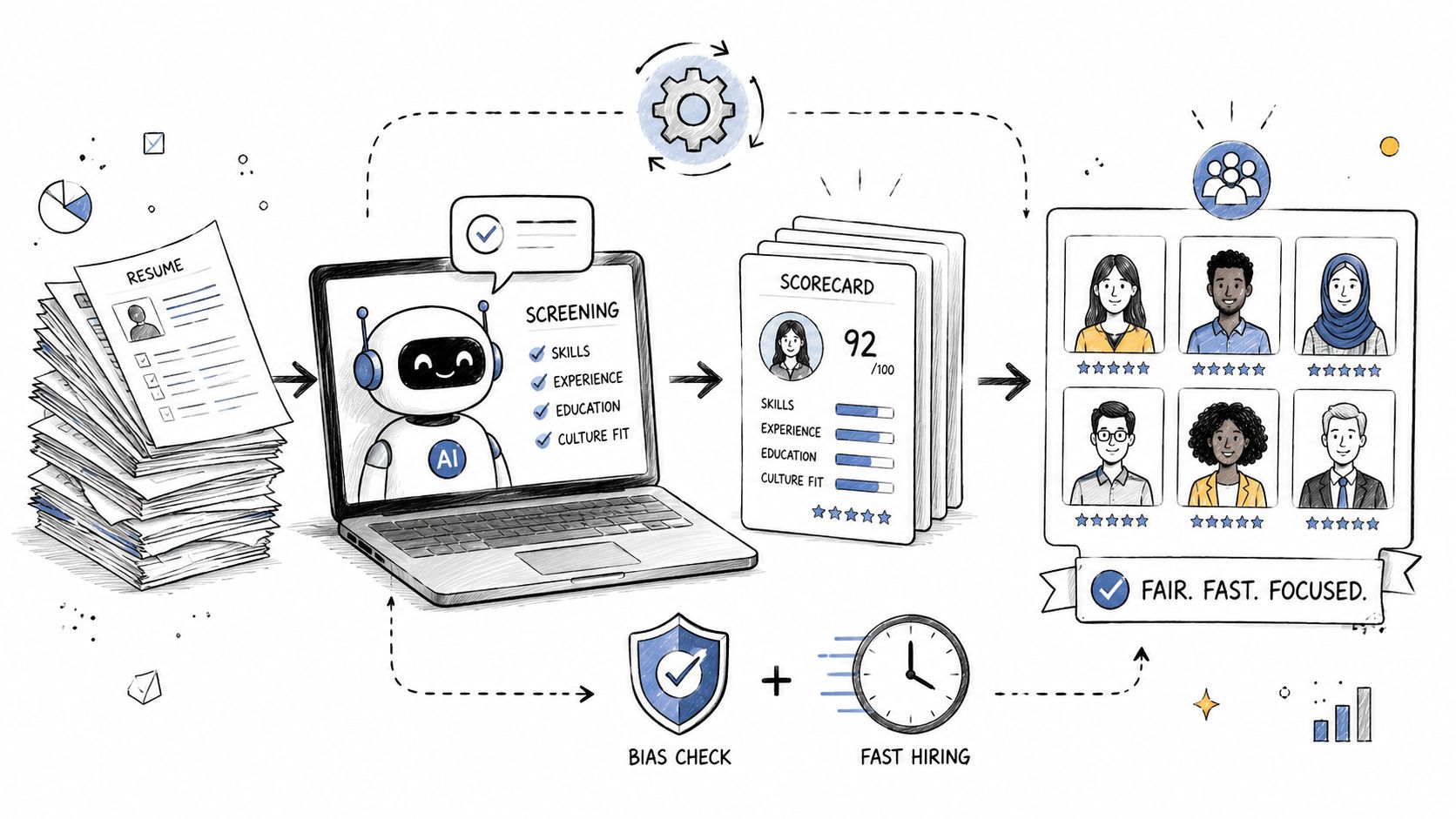A hand-drawn illustration showing an AI robot screening resumes and generating candidate scorecards for hiring.