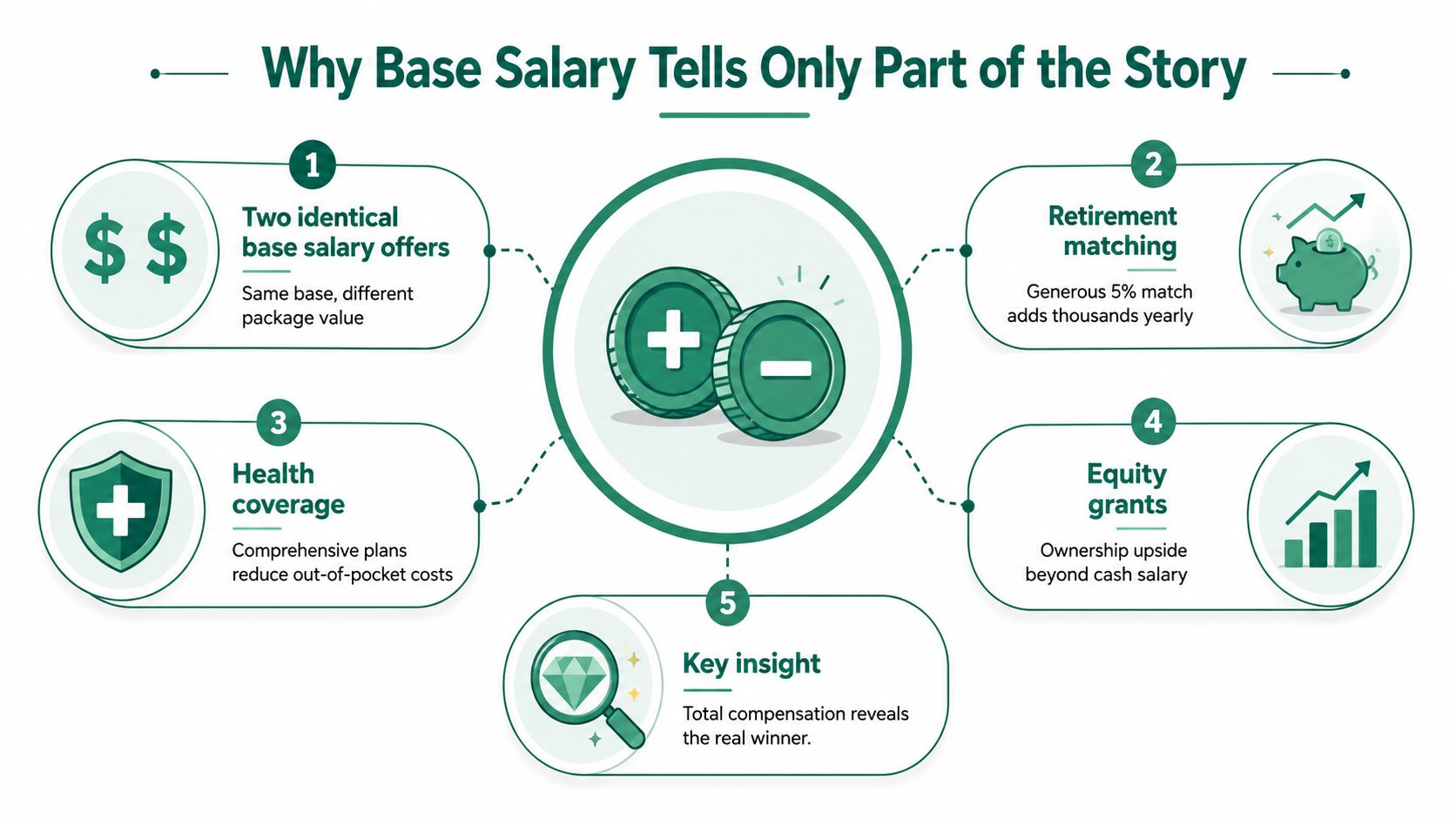 An infographic titled Why Base Salary Tells Only Part of the Story, detailing total compensation components.